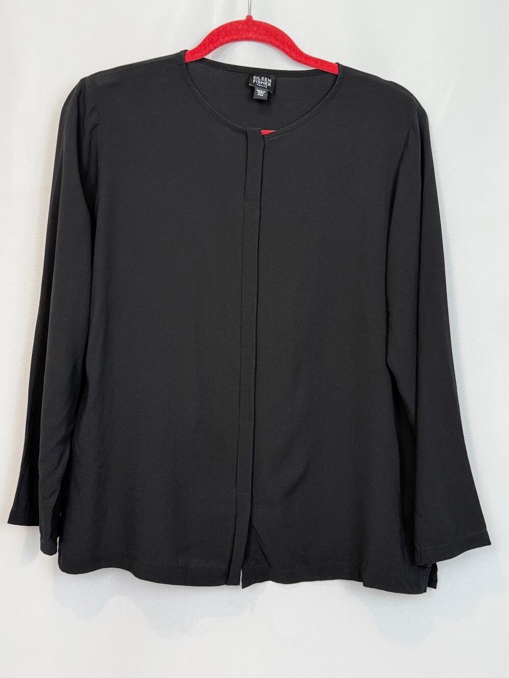 Eileen Fisher Petite PM 100% Silk Black Long Sleeve Top Quiet Luxury